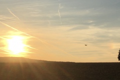 Motorflugzeug fliegt Richtung Sonnenuntergang am Markwald